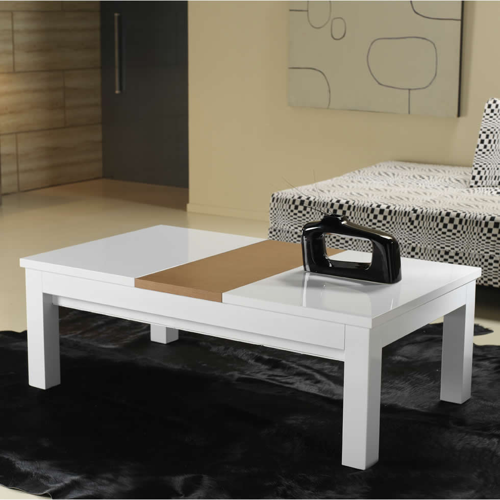 Mesa de centro deslizante ALFA chapa natural y laca moderrna y rectangular Mesa de centro moderna rectangular deslizante ALFA laca y chapa natural