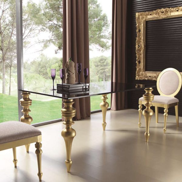 Mesa de Comedor moderna rectangular fija CALIPSO GLASS patas torneadas apa cristal lacada
