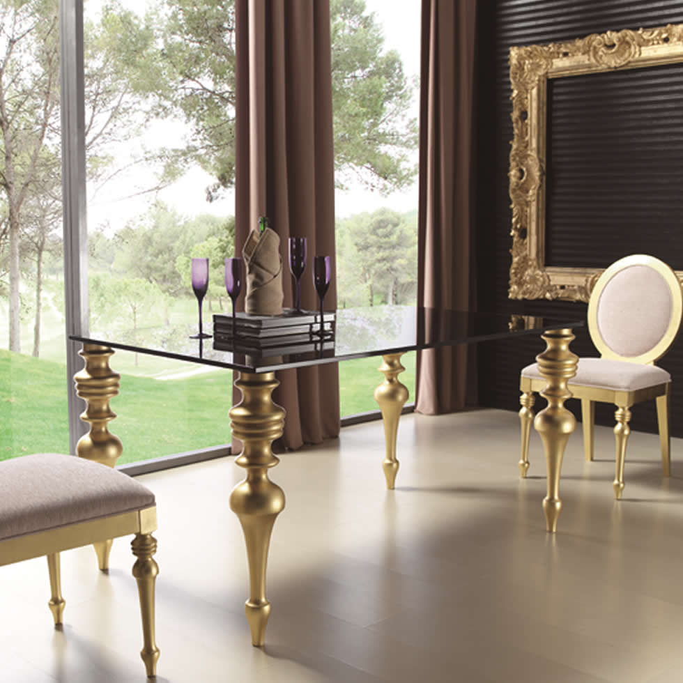 Mesa comedor fija Calipso Glass moderna tapa cristal patas torneadas Mesa de Comedor moderna rectangular fija CALIPSO GLASS patas torneadas apa cristal lacada