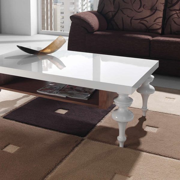Mesa de Centro CALIPSO WOOD fija revistero patas torneadas laca chapa natural
