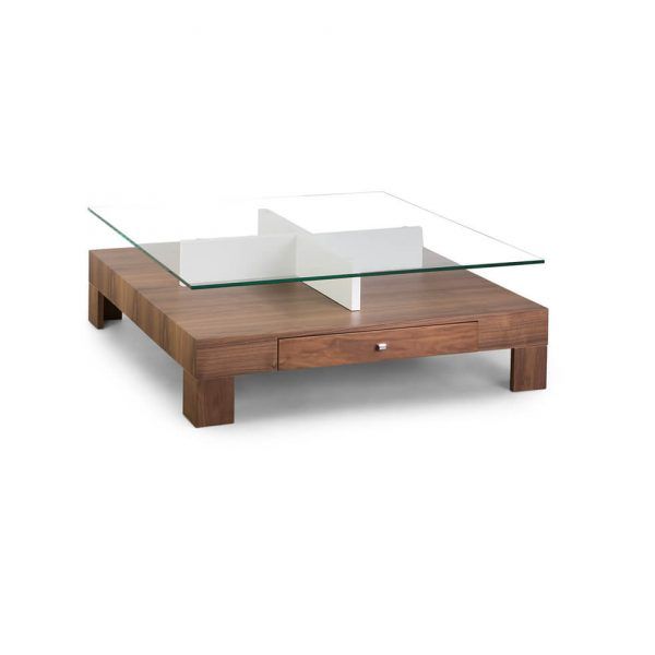 Mesa moderna de Centro Cuadrada DRIVE tapa cristal chapa natural nogal