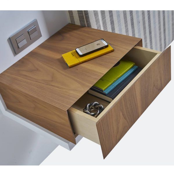 Mesita ATLANTA y panel PISA flotante dormitorio moderno chapa natural y laca