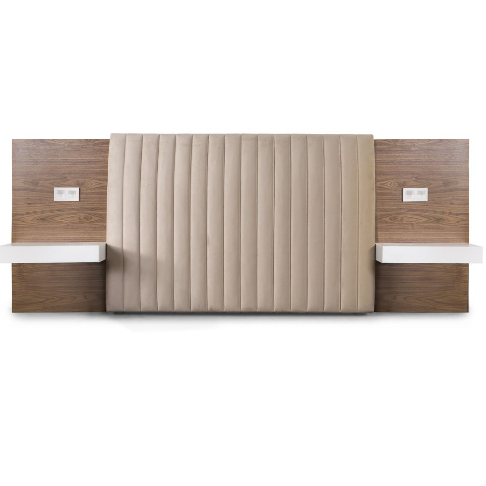 Composición cabezal tapizado dormitorio moderno paneles Texas laterales con mesitas flotantes Terra Composicion cabezal tapizado matrimonio moderno mesitas flotantes