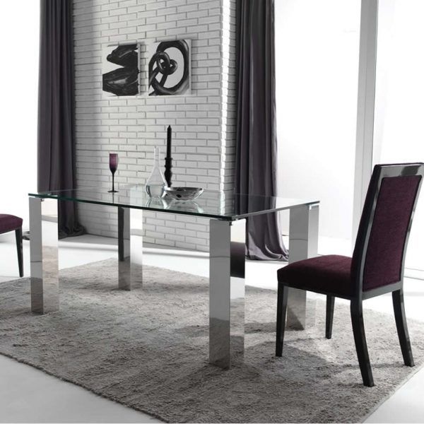 Mesa comedor fija VISION INOX rectangular moderna tapa cristal