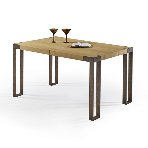 mesa comedor moderna extensible patas acero tapa chapa natural