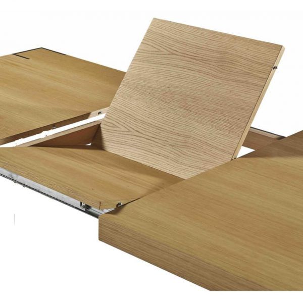 detalle extensible mesa comedor rectangular chapa natural moderna