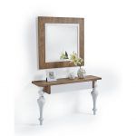 conjunto recibidor retto wood patas torneadas espejo chapa natural laca moderno