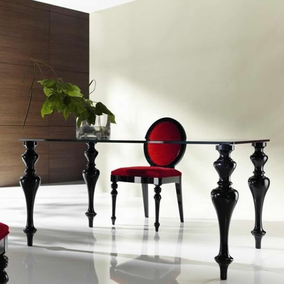 Mesa de Comedor Rectangular fija RETTO GLASS Mesa de Comedor rectangular moderna RETTO GLASS fija patas torneadas de haya