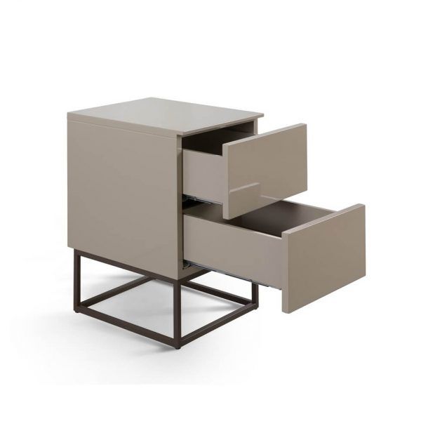 detalle mesita dormitorio moderno nevada cajones laca patas acero