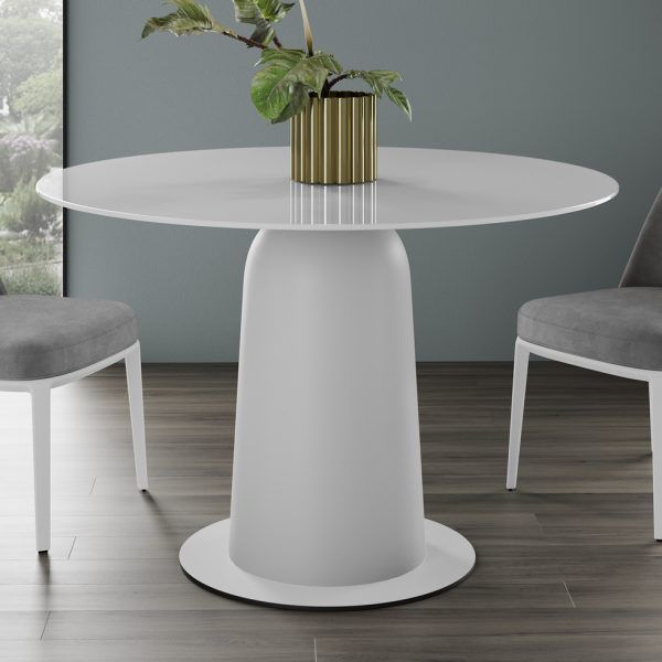 mesa comedor redonda fija boston tapa cristal laca haya maciza torneada salon