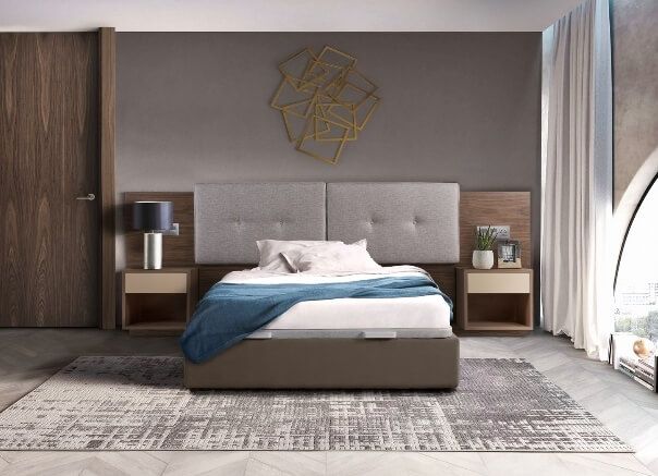 Dormitorio matrimonio Milan moderno móvil chapa natural y tapizado