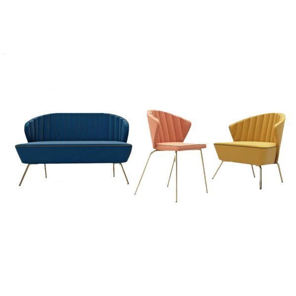 Sillon moderno ESTEFANY hosteleria tapizado patas acero oro
