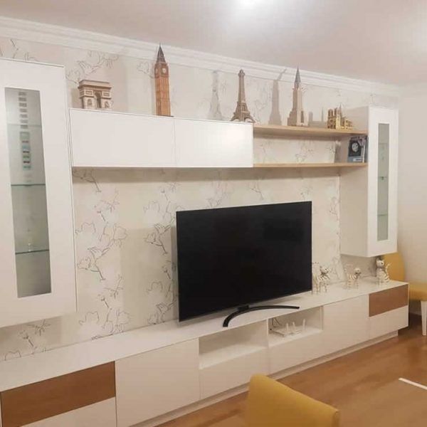 Mueble salon moderno Rubi laca y chapa natural a medida