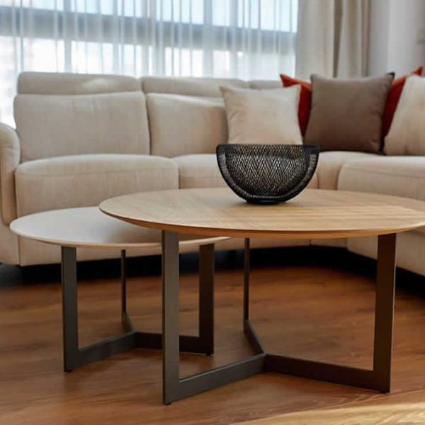 conjunto mesa nido auxiliar redonda moderna patas acero tapa chapa natural salon