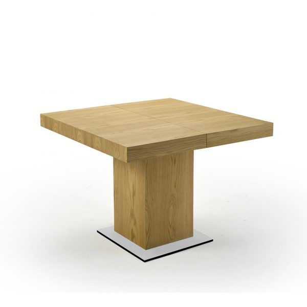 mesa comedor cuadrada extensible kubica 100x100 base en blanco con canto negro acabado en chapa natural roble anudado