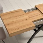 detalle extensible mesa centro comedor helena convertible elevable guia acero electrica moderna salon chapa natural acero laca
