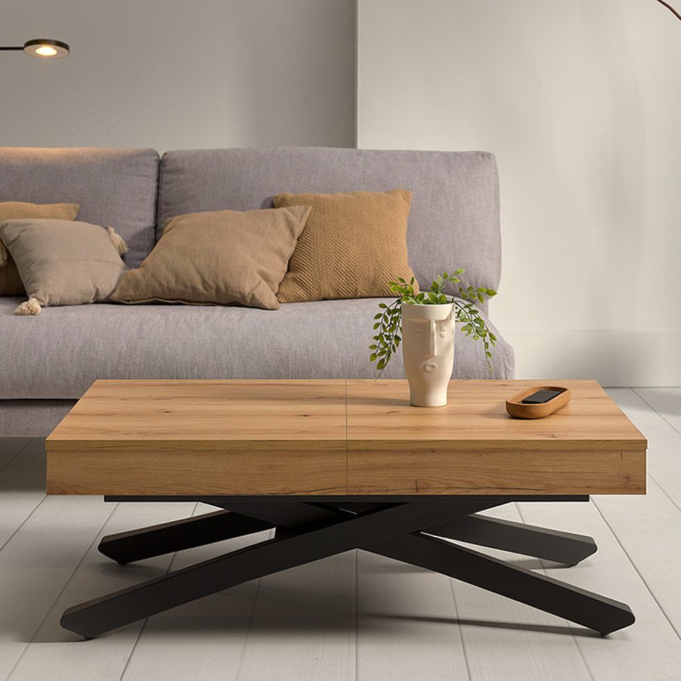 mesa convertible centro elevable comedor helena extensible electrica helena moderna chapa natural melamina laca acero